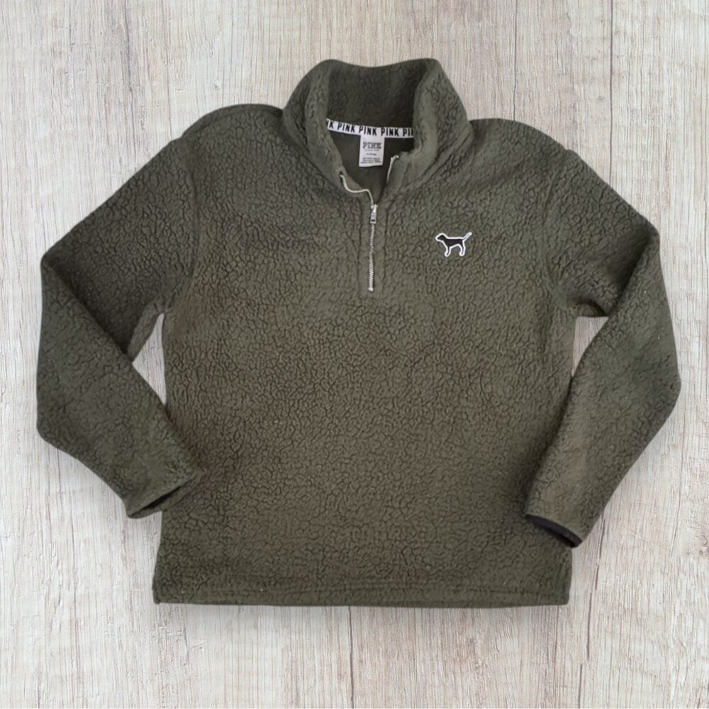VICTORIAS SECRET PINK Sherpa Fleece 1/4 Quarter Zip Green Sweatshirt Sweater M